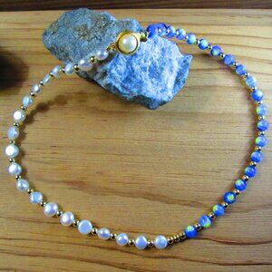 Freshwater Pearl with Blue Millefiori Half and Half Necklace